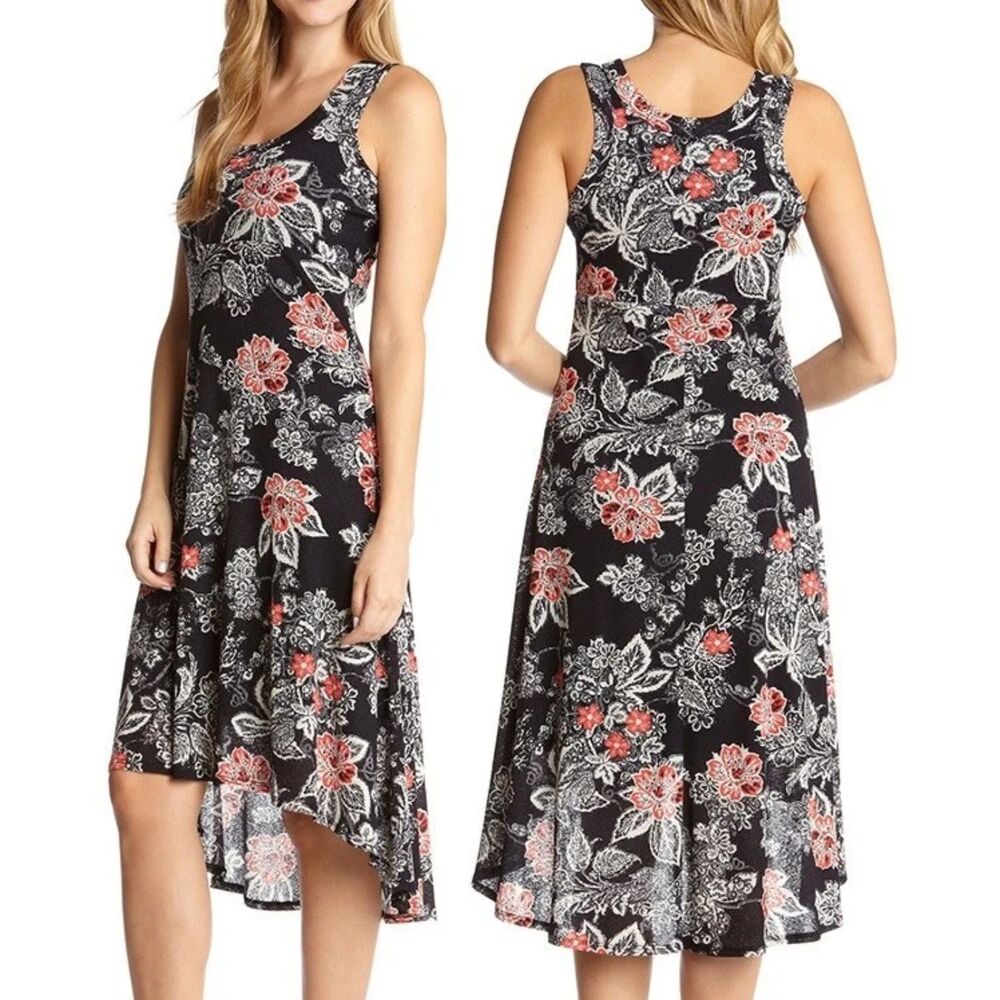 Karen Kane Black Red & White Floral Mesh High Low Dress - XL